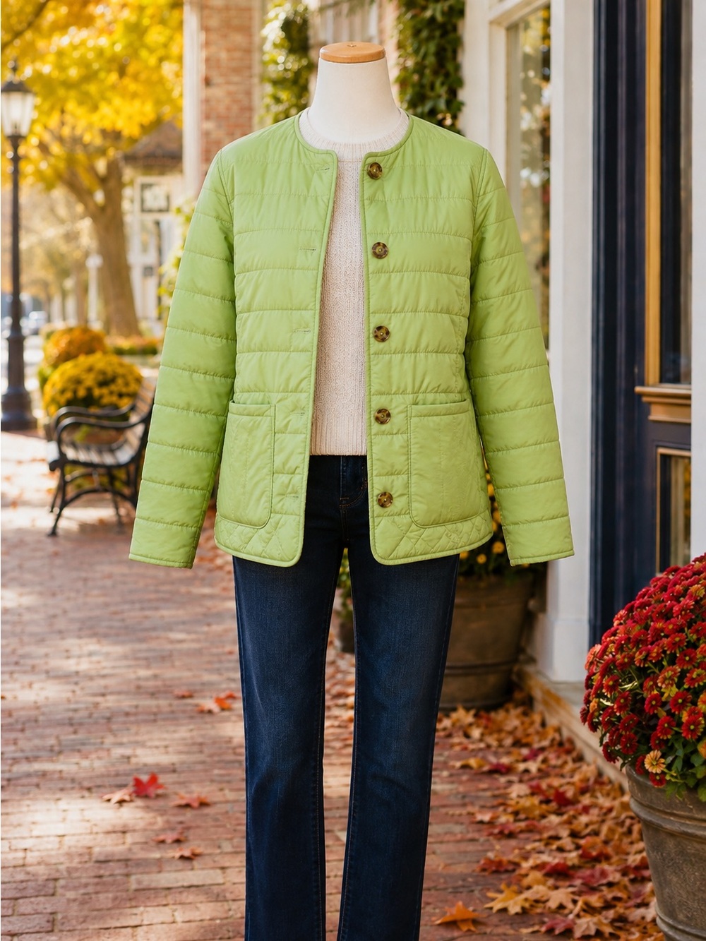 Talbots Preppy Apple Green Quilted Collarless Jacket Button Front Women’s Medium